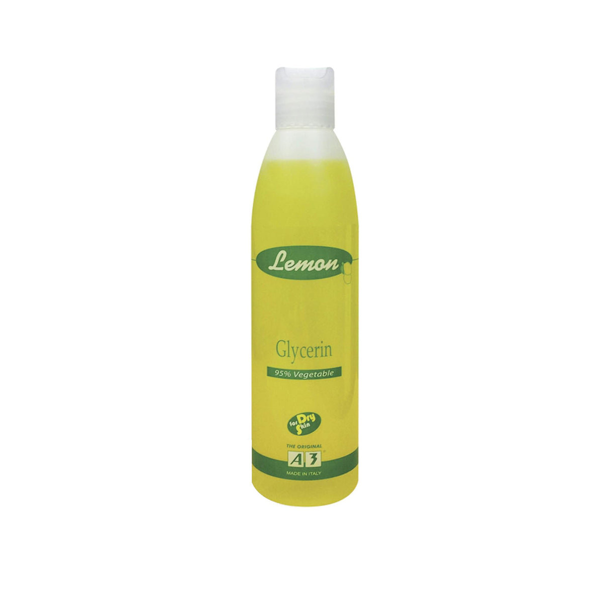 Yellow bottle with A3 Lemon Glycerin, 260 ml. Natural hand soap or body lotion with lemon flavor.