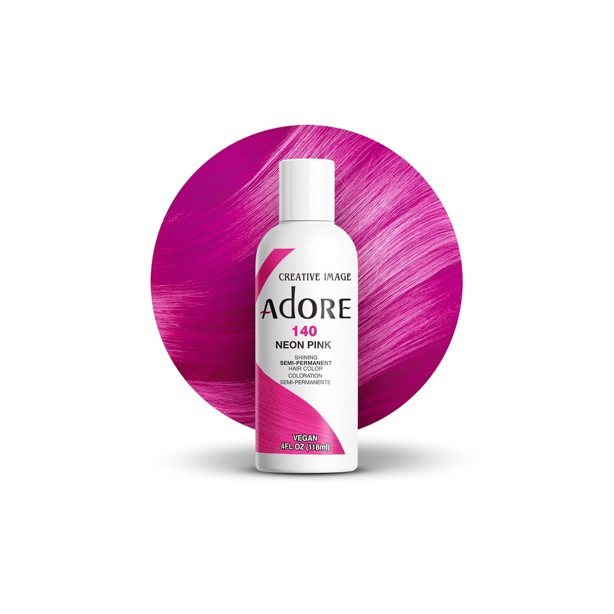 Adore Color No 140 Neon Pink hair color bottle in front of a round hair sample in intense neon pink color with shiny finish.