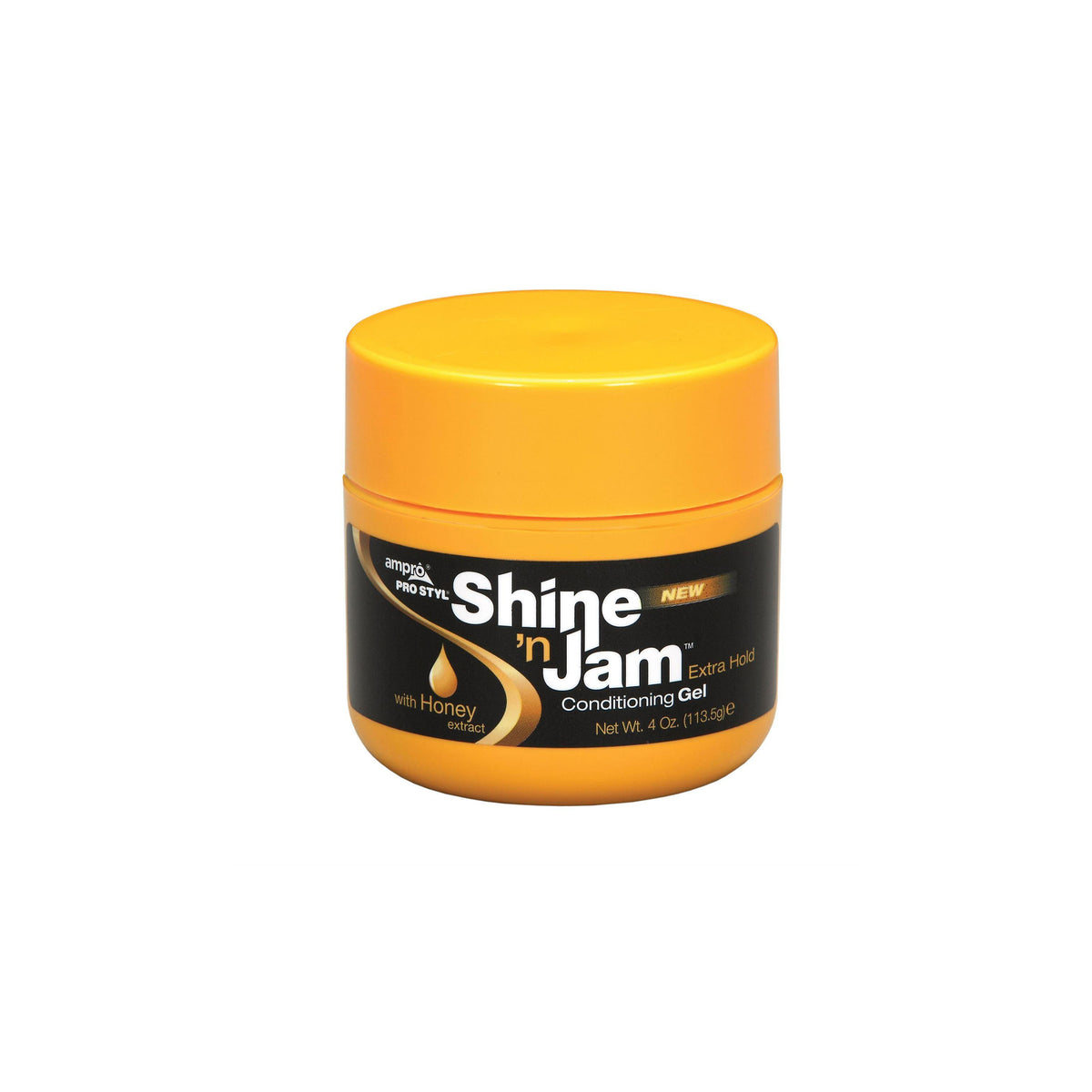 Yellow plastic jar of Ampro Shine 'n Jam Conditioning Gel. The jar has a black lid and a label with product information. The product is designed to give the hair extra hold and shine.