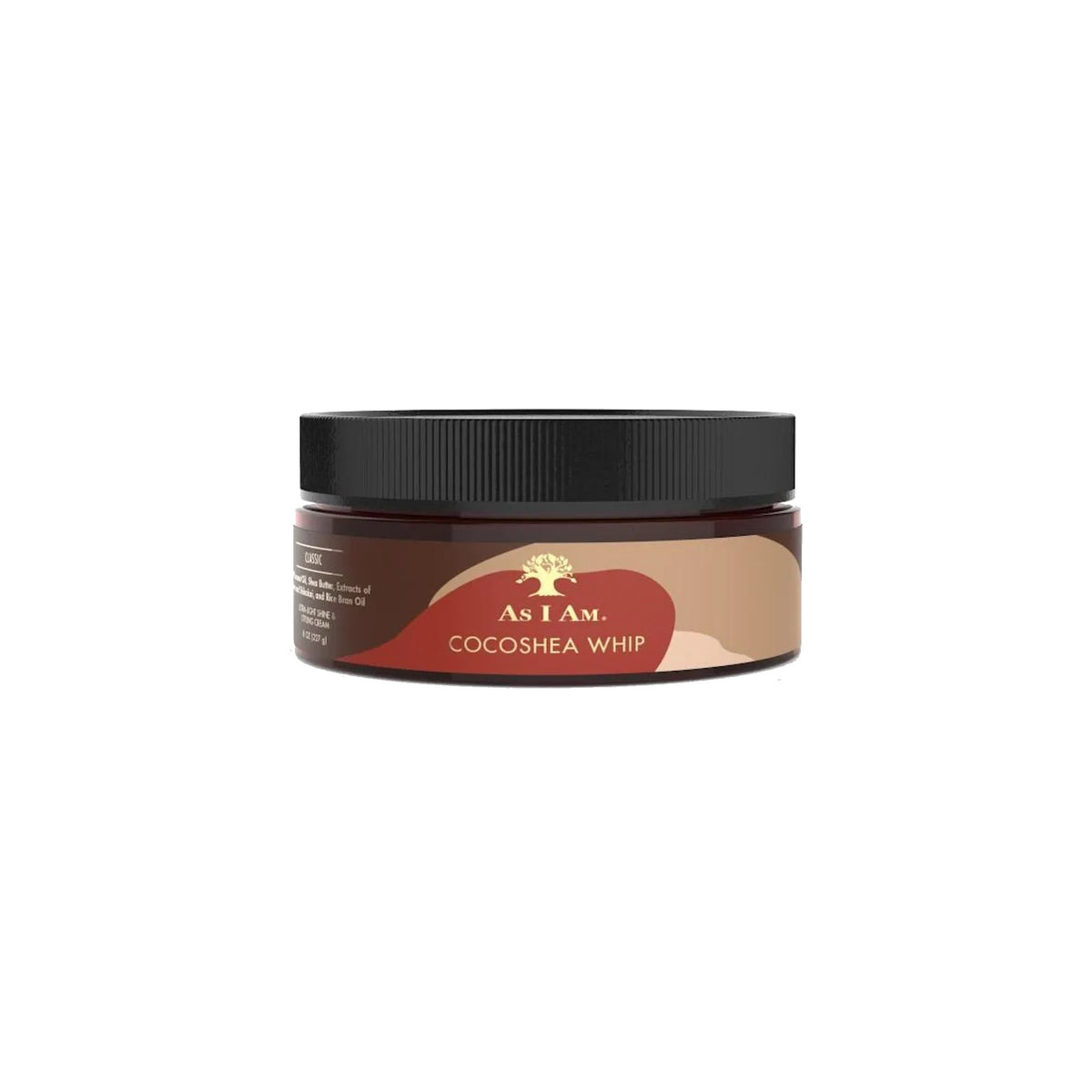 A brown plastic tin with a label contains As I Am CocoShea Whip. The product is a leave-in conditioner for curly hair and has a creamy consistency