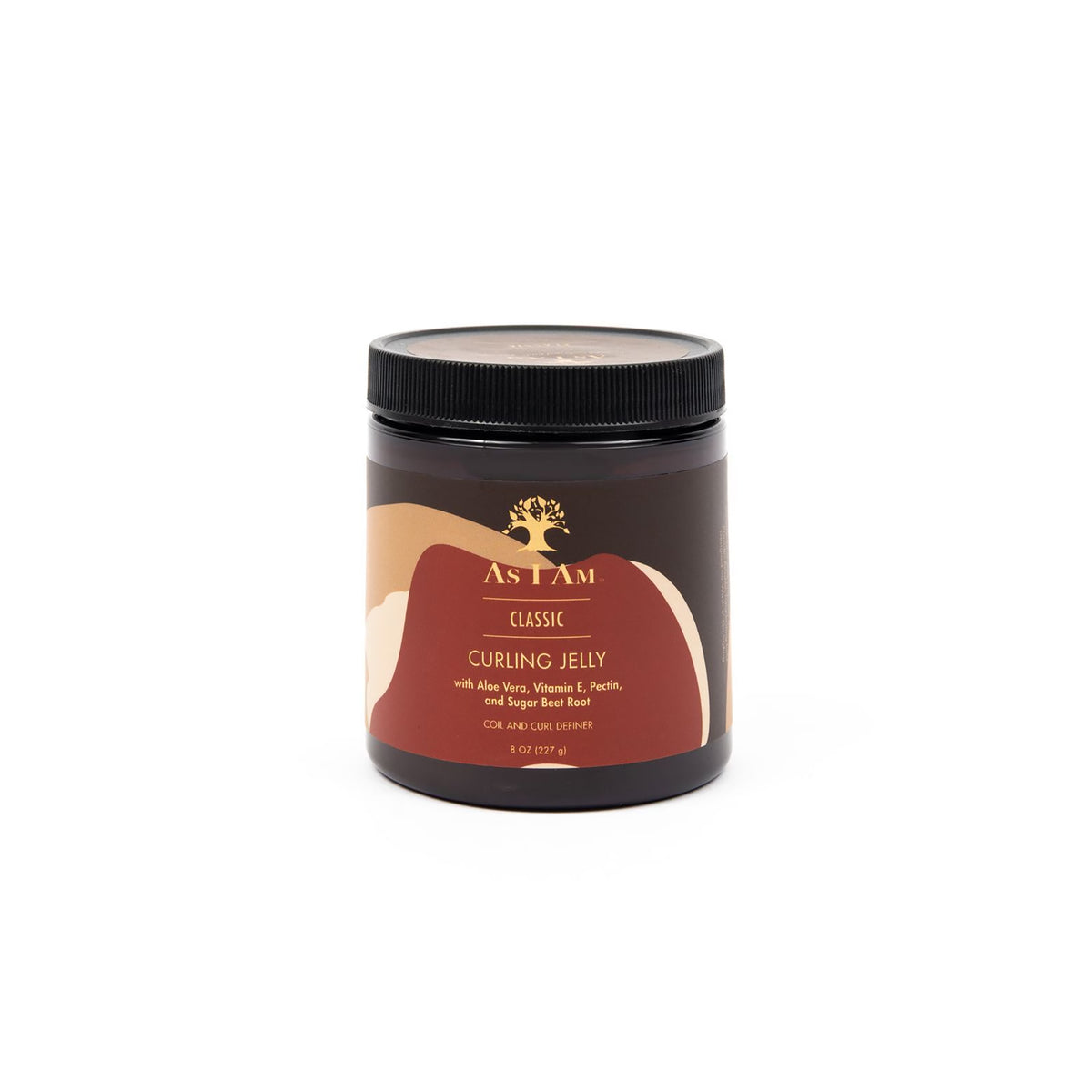 A brown plastic tin with a label containing As I Am Curling Jelly. The product is a styling cream for curly hair and has a jelly-like consistency.