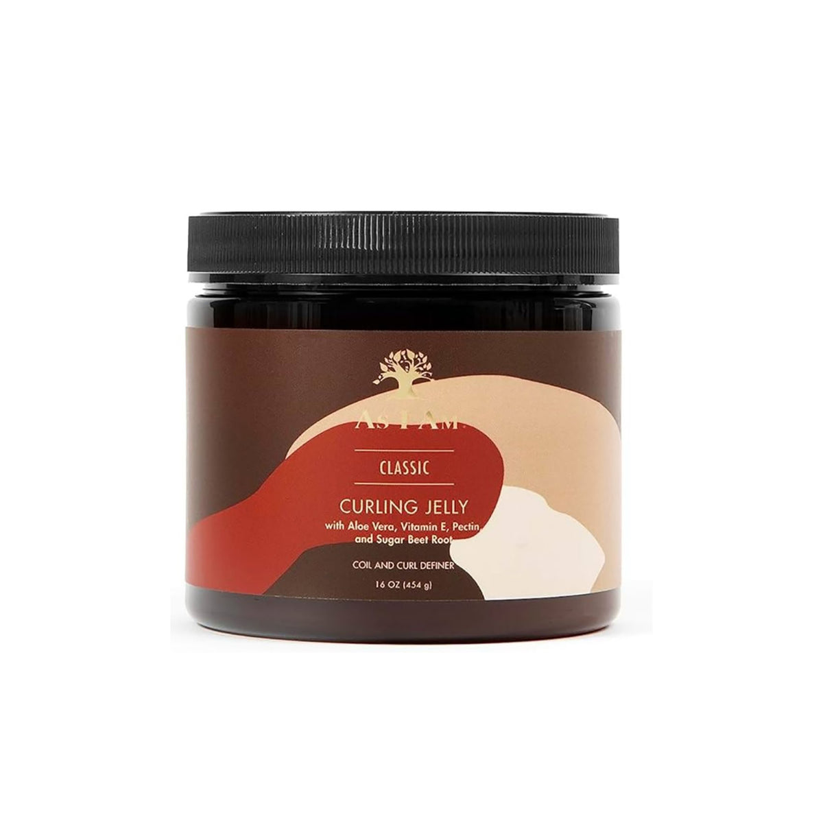 A brown plastic can with a label stands on a light background. It contains As I Am Curling Jelly and has a picture of a tree on the label. The product is a styling cream for curly hair.