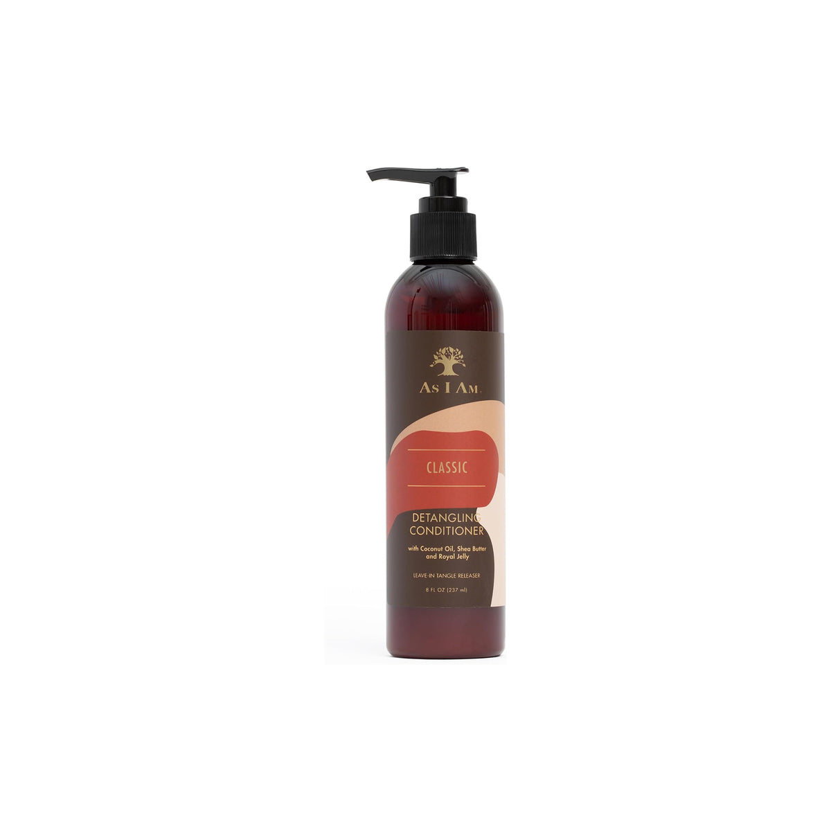 A bottle with a brown pump stands on a white background. The bottle contains As I Am Classic Detangling Conditioner and has a brown label with yellow writing.