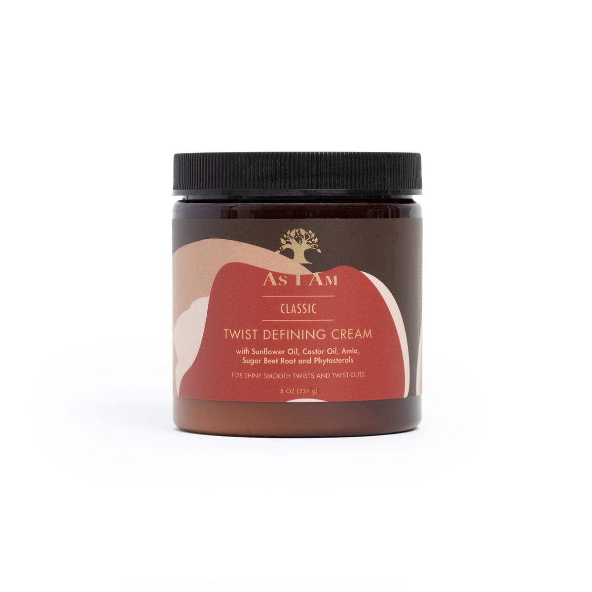Brown plastic container with As I Am Classic Twist Defining Cream 227gr, placed against a white background with a colorful label design.