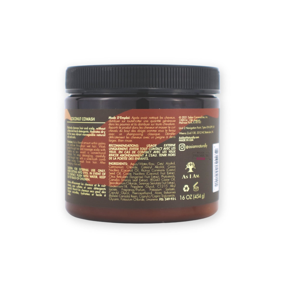 Back of As I Am Classic Coconut Co-Wash with a label. The label displays product information such as ingredients, instructions for use and warnings in several languages.