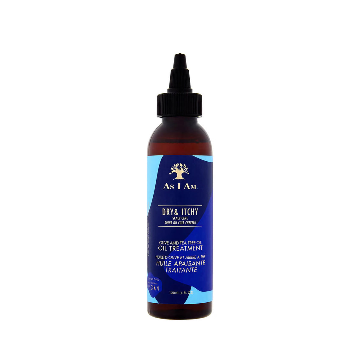 Bottle of As I Am Dry & Itchy Scalp Care Oil Treatment with olive oil and tea tree oil for dry and itchy scalp.