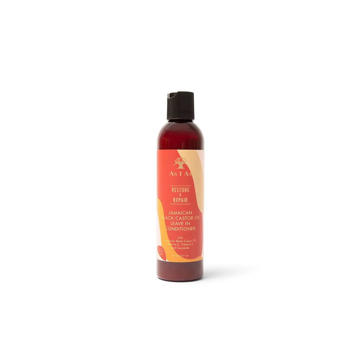 As I Am Jamaican Black Castor Oil Leave-in Conditioner 237ml. A brown plastic bottle with a black screw cap stands against a neutral background.