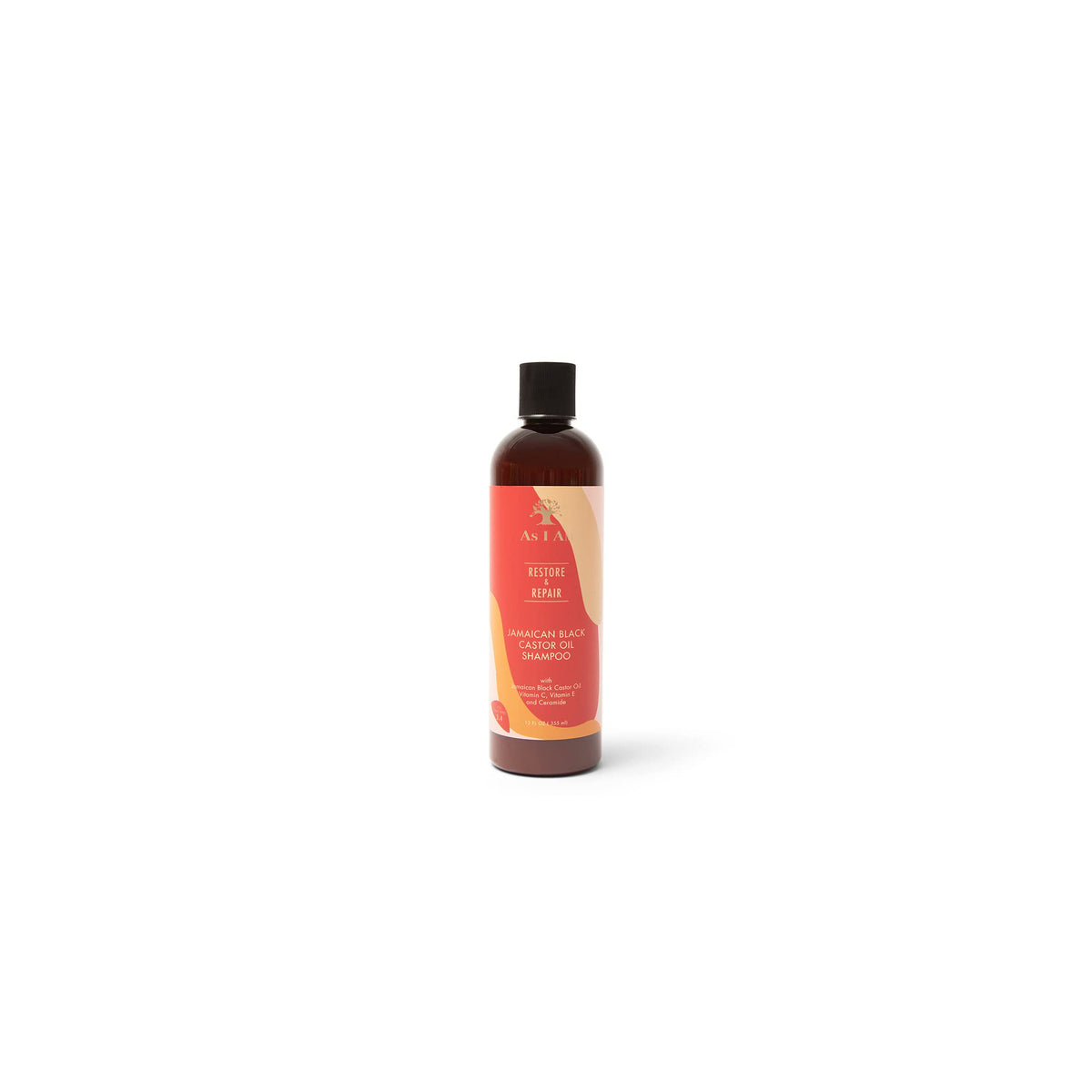 As I Am Jamaican Black Castor Oil Shampoo 355ml. A brown plastic bottle with a black screw cap stands against a neutral background.