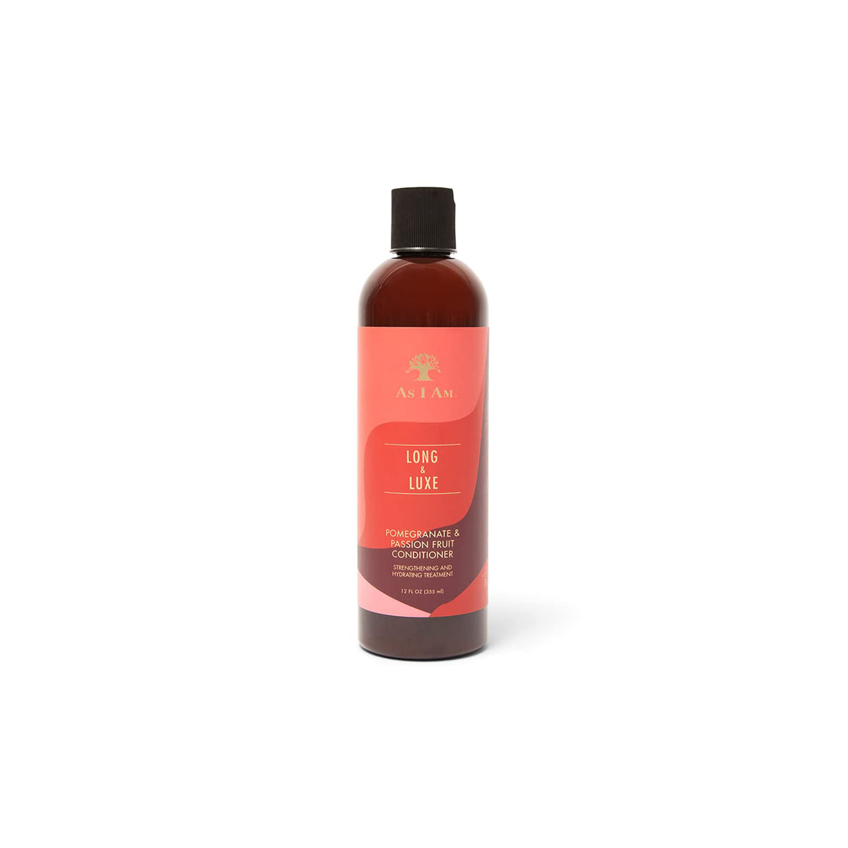 A dark bottle of As I Am Long & Luxe Conditioner (355ml) with a pink label showing the product name.
