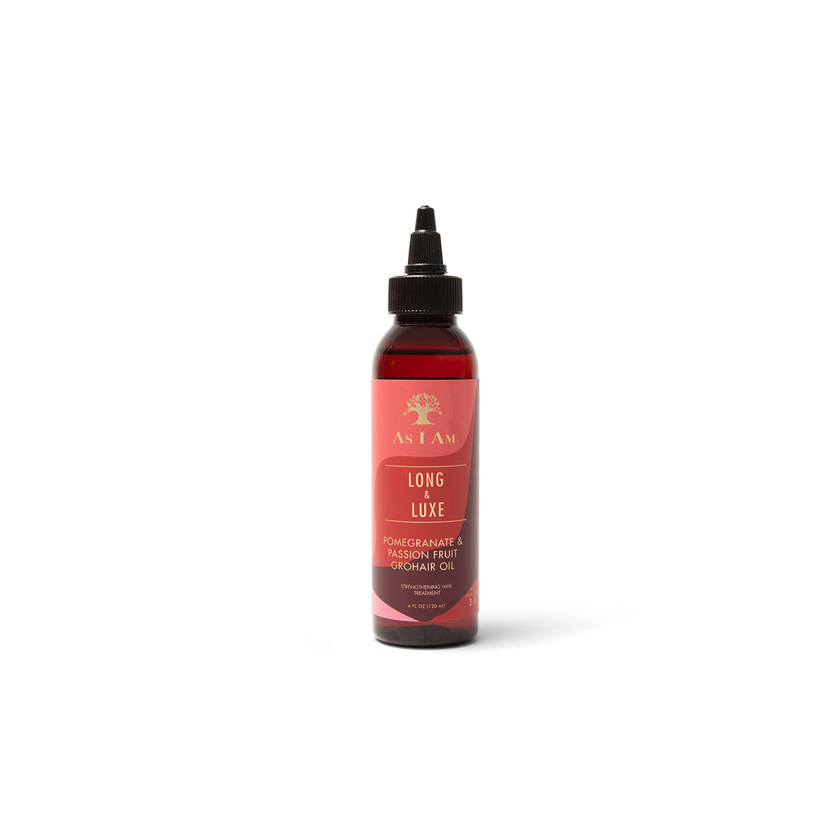 A dark bottle of As I Am Long & Luxe GroHair Oil (120ml) with a pink label showing the product name.