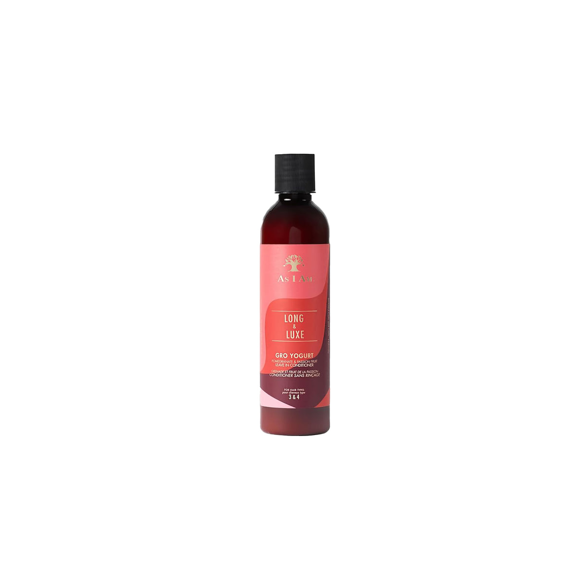 A brown bottle of As I Am Long & Luxe GroYogurt Leave-in Conditioner (237 ml) with a pink label showing the product name "Long & Luxe GroYogurt".