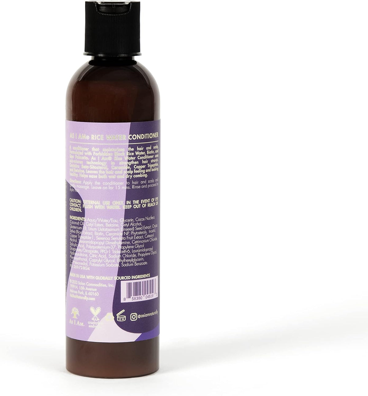 The back of a brown bottle of As I Am Rice Water Conditioner (237 ml) with a purple label showing instructions for use, precautions and ingredient list.