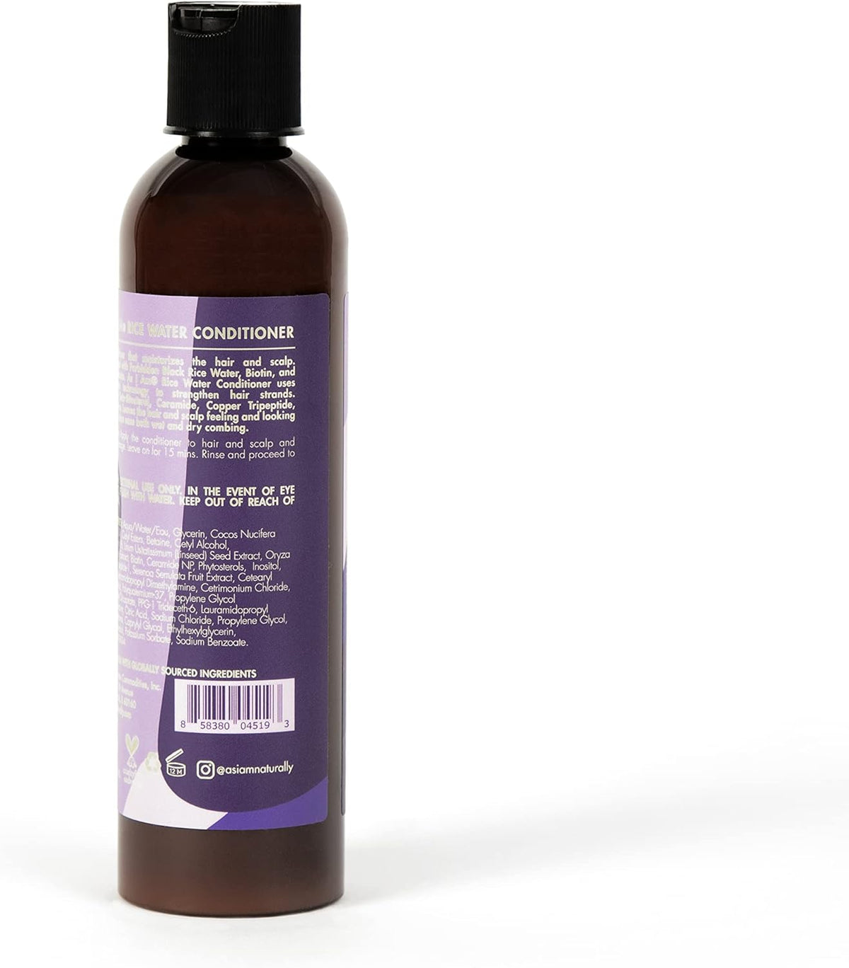 The back of a brown bottle of As I Am Rice Water Conditioner (237 ml) with a purple label showing instructions for use, precautions and ingredient list.