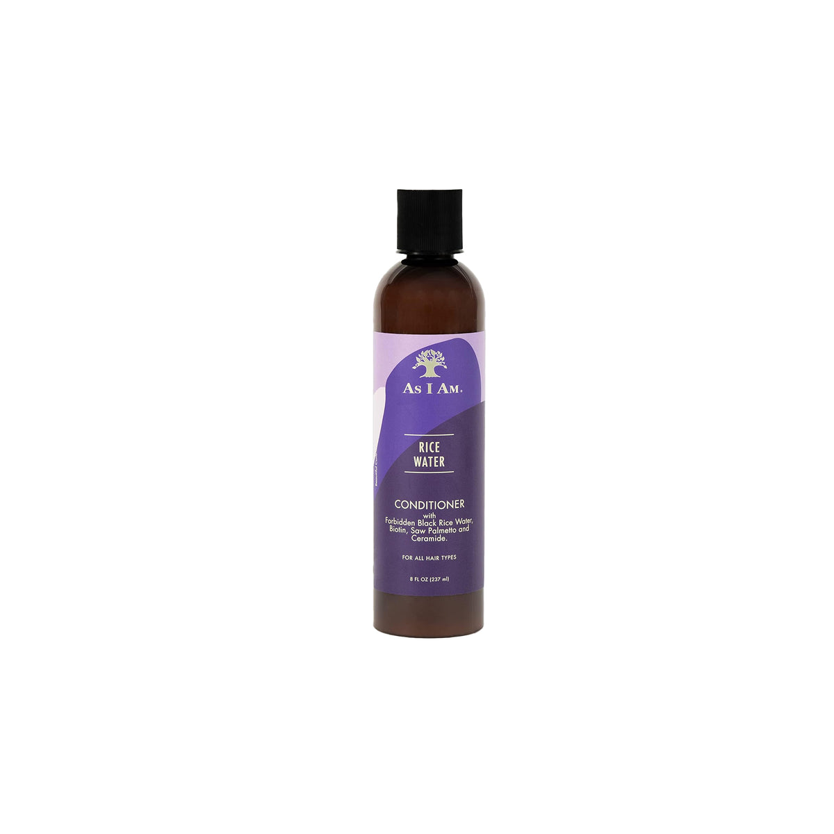 A brown bottle of As I Am Rice Water Conditioner (237ml) with purple label showing product name, ingredients and quantity.