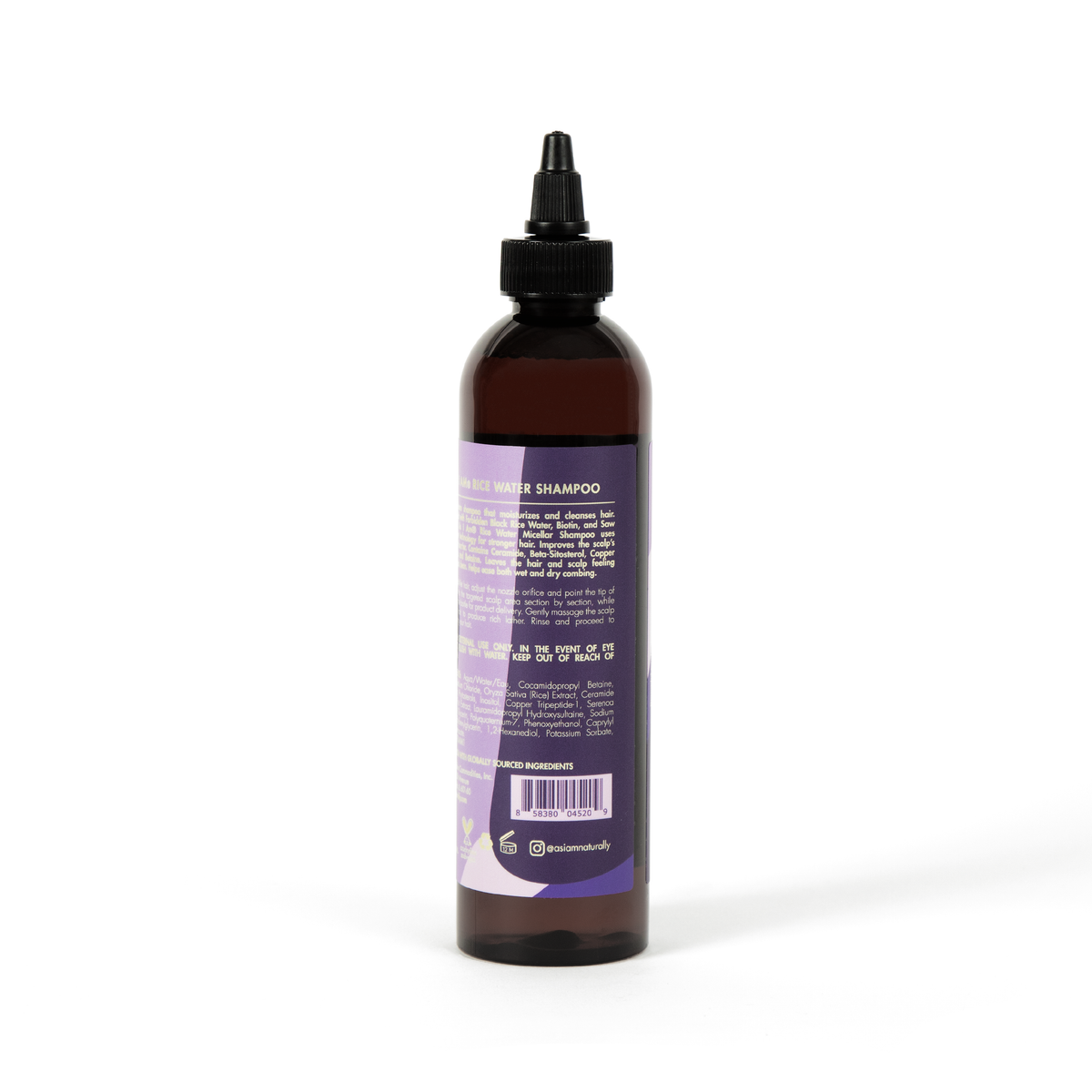 The back of a brown bottle of As I Am Rice Water Micellar Shampoo (237 ml) showing ingredient list, instructions for use and other product information.