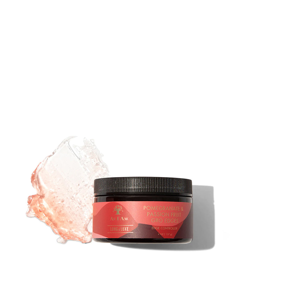 A black container of As I Am Long & Luxe GroEdges (113g) with a pink label appearing next to a small amount of the light, jelly-like product.