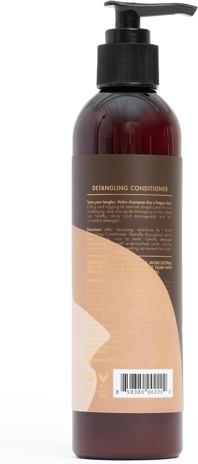 Back of a brown bottle with a black pump. The bottle contains As I Am Classic Detangling Conditioner and has a brown label with yellow writing. The label shows product information such as ingredients and instructions for use.