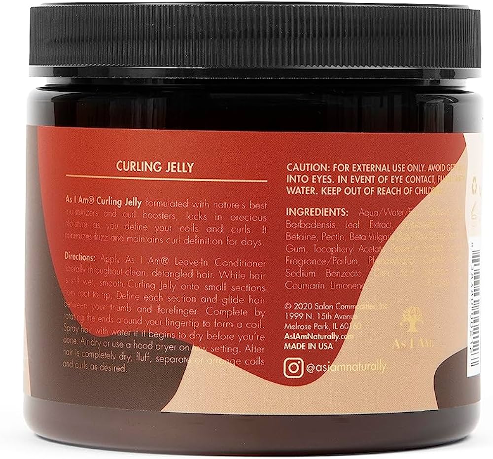 Back of a brown plastic can with a label on it. The jar contains As I Am Curling Jelly and displays the ingredient list, instructions for use and warnings.