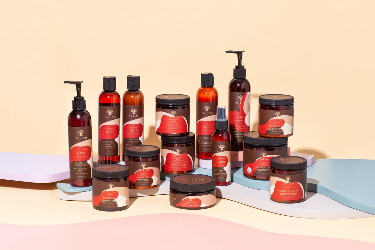 Complete range of As I Am hair care products for curly and natural hair. Includes shampoo, conditioner, leave-in, styling creams and oils.