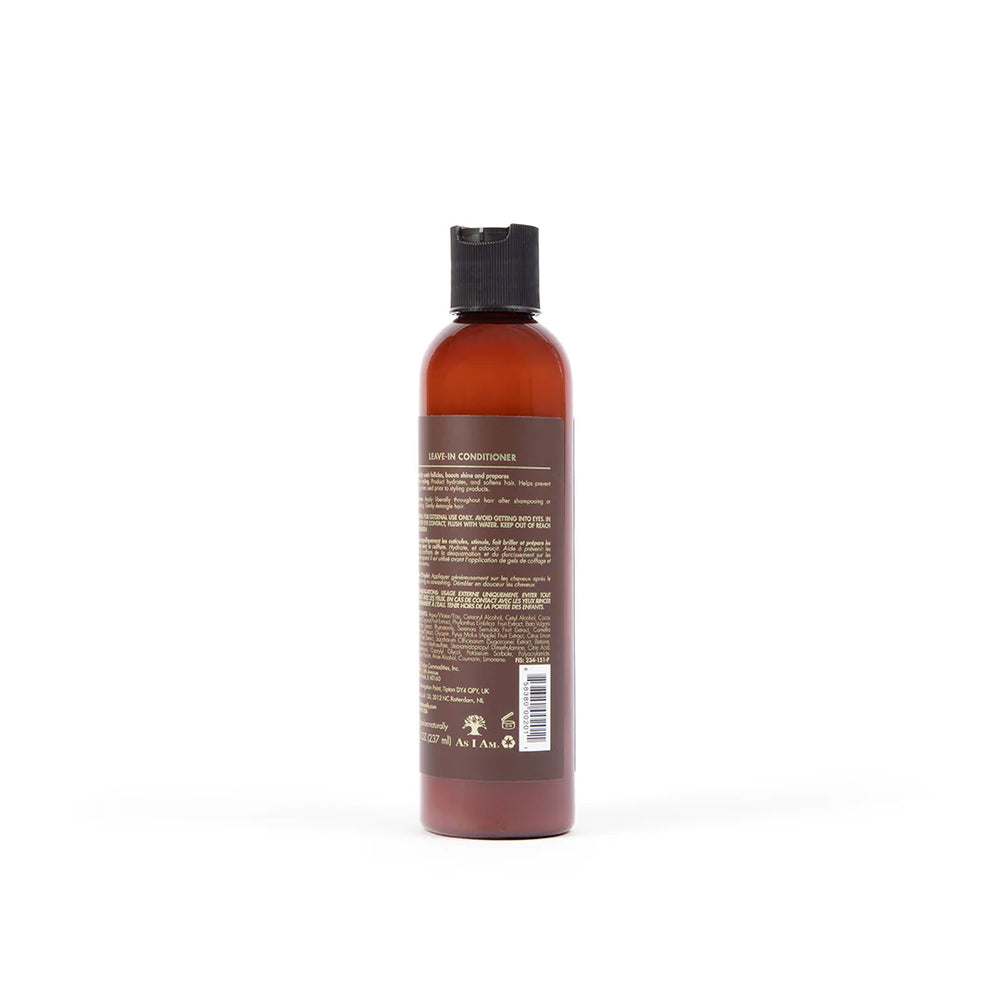 inside of a bottle of As I Am Classic Leave-In Conditioner (237ml) showing product information and ingredients list.