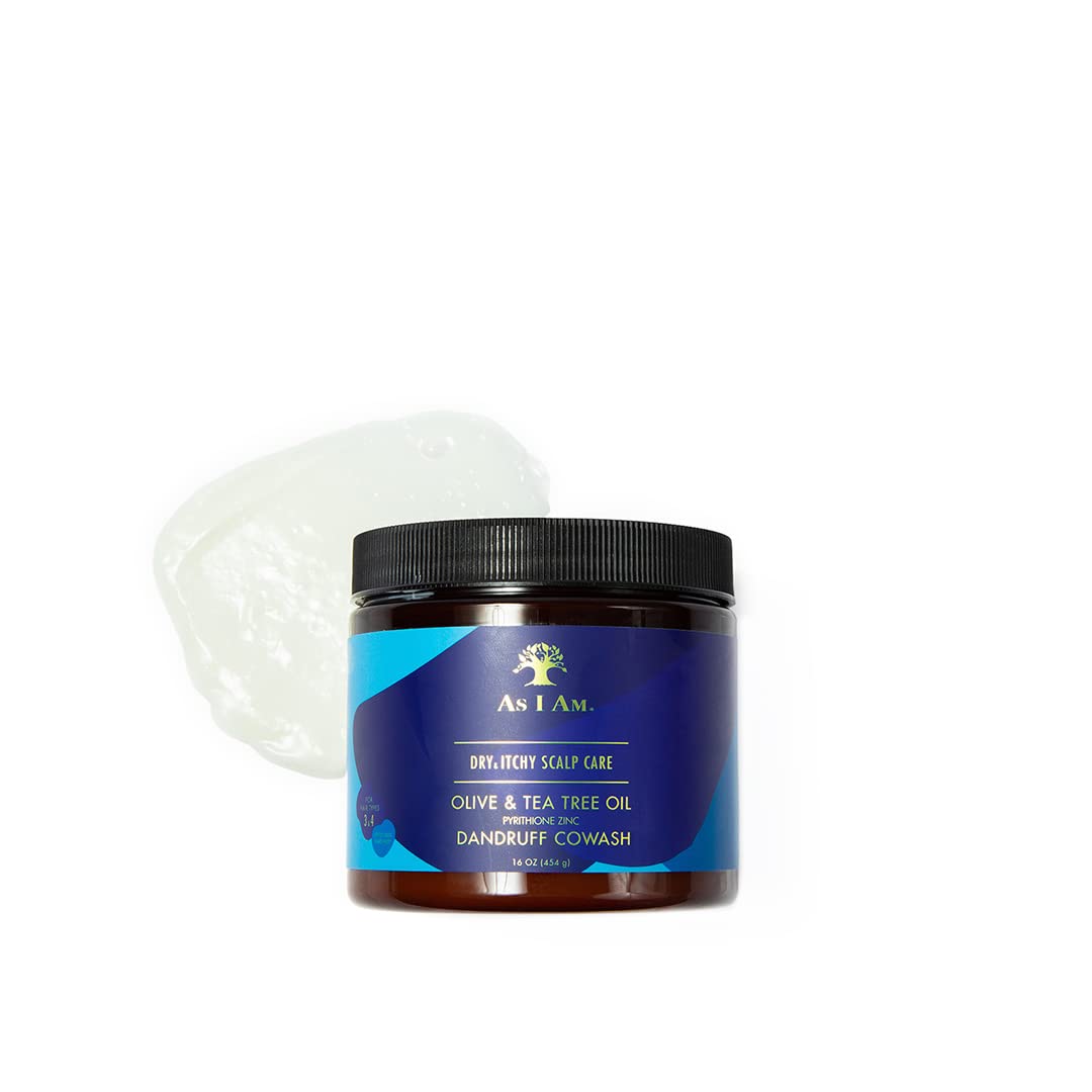 A container of As I Am Dry & Itchy Scalp Care Dandruff CoWash stands in front of a white background with a blob of the white CoWash next to it.