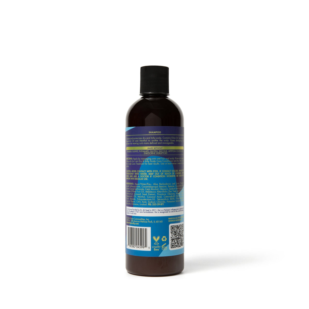 The back of the As I Am Dry & Itchy Scalp Care Shampoo (355ml) bottle showing product information, ingredients list, instructions for use, warnings, barcode and QR code.