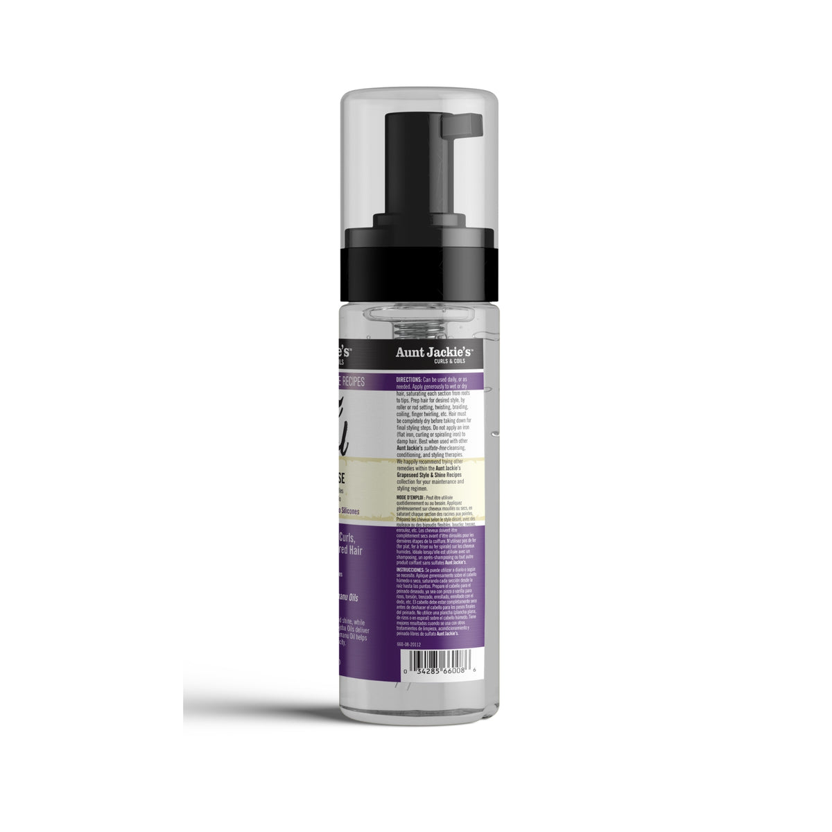 The back of a bottle of Aunt Jackie's Frizz Patrol Anti-Poof Setting Mousse. The label contains information about the product's benefits, ingredients and instructions for use.