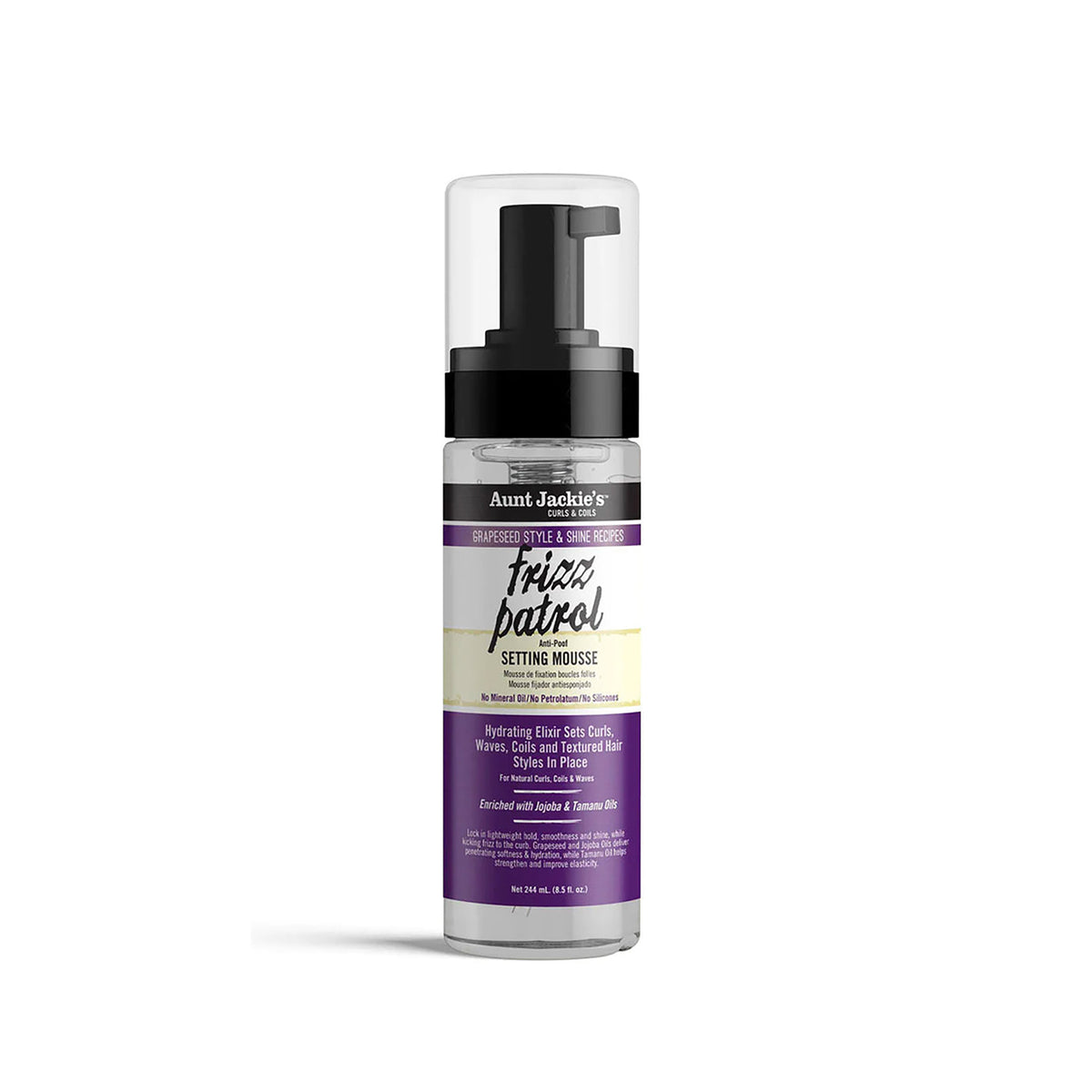 Bottle of Aunt Jackie's Frizz Patrol Anti-Poof Setting Mousse for curly and textured hair. 