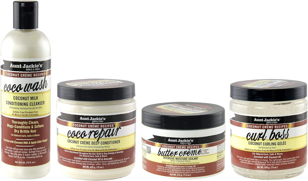 Aunt Jackie's Coconut Crème Recipes range: Coco Wash Cleanser, Coco Repair Deep Conditioner, Butter Crème Moisturizer and Curl Boss Styling Gel.