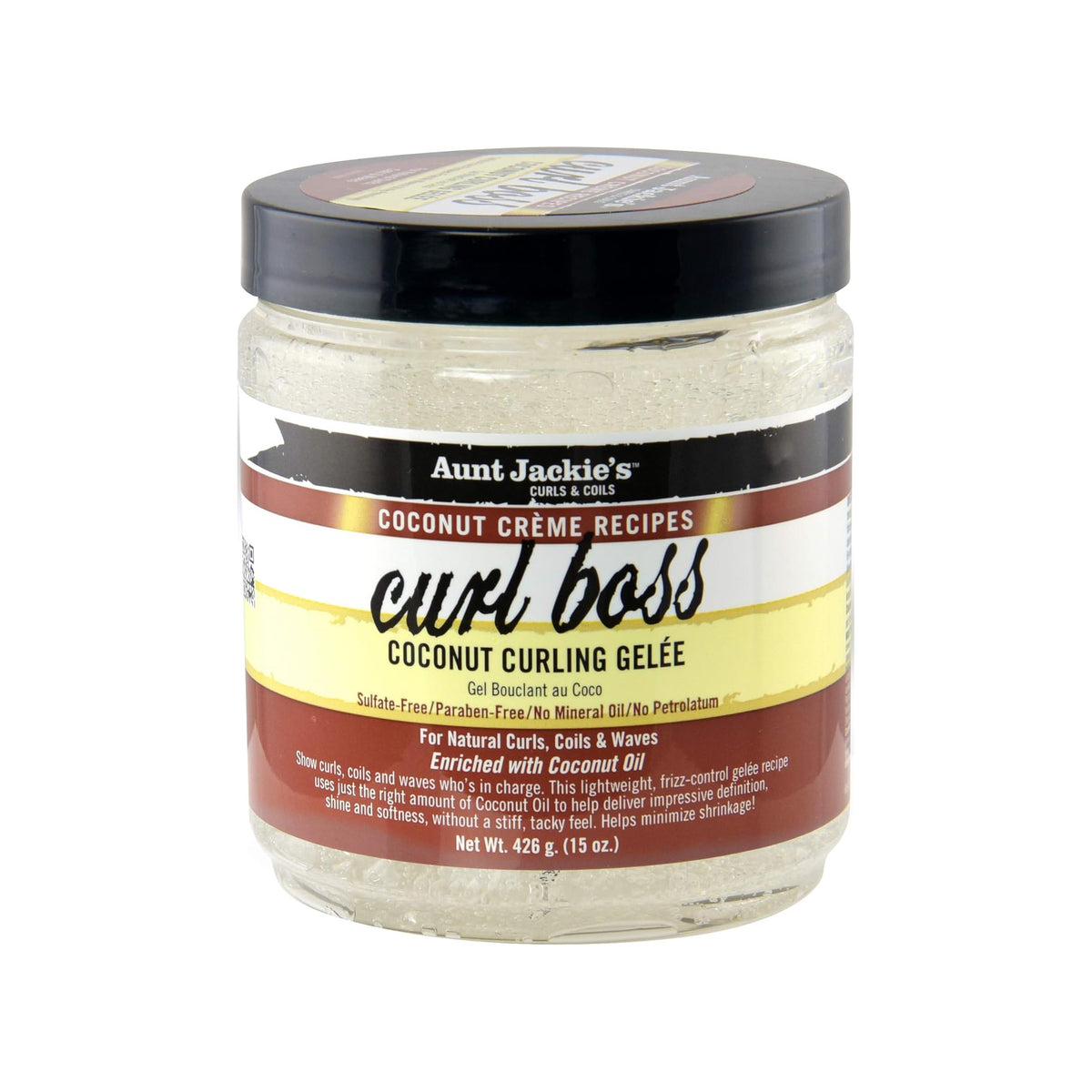 Aunt Jackie's Curl Boss Coconut Curling Gelée in clear plastic jar with black lid.