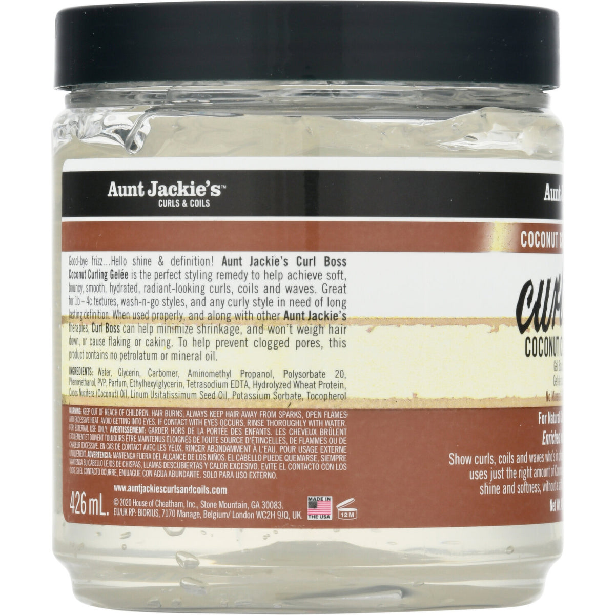 The back of Aunt Jackie's Curl Boss Coconut Curling Gelée in clear container. The label touts benefits like soft, hydrated curls, definition and minimal shrinkage.