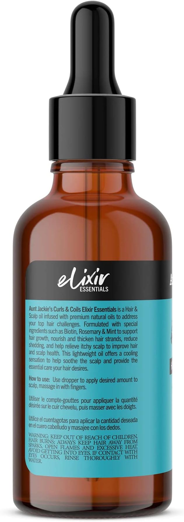Aunt Jackie's Elixir Biotin Rosemary Hair and Scalp Oil, back of a brown glass bottle with a black dropper.