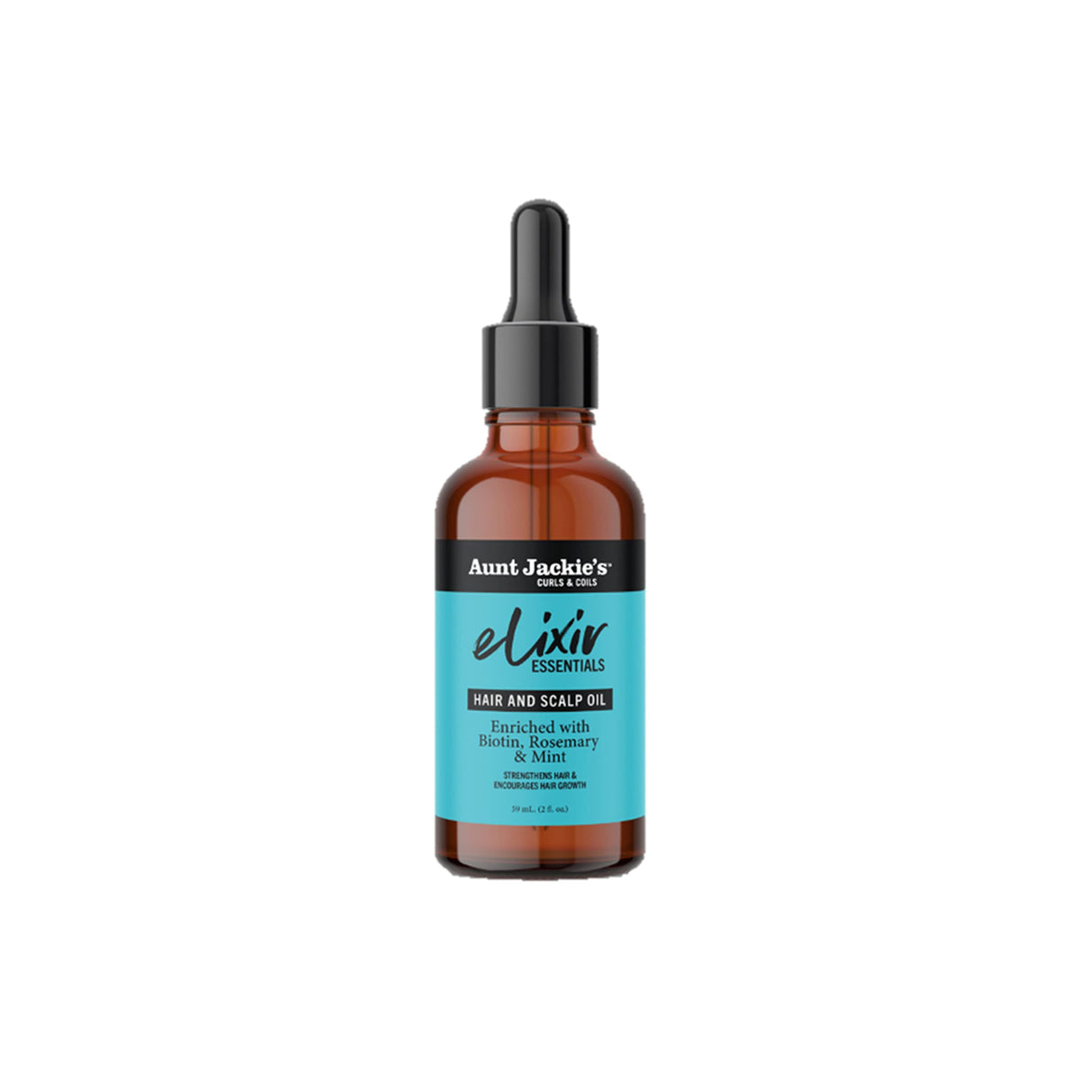 Aunt Jackie's Elixir Biotin Rosemary Hair and Scalp Oil, a brown glass bottle with a black dropper.