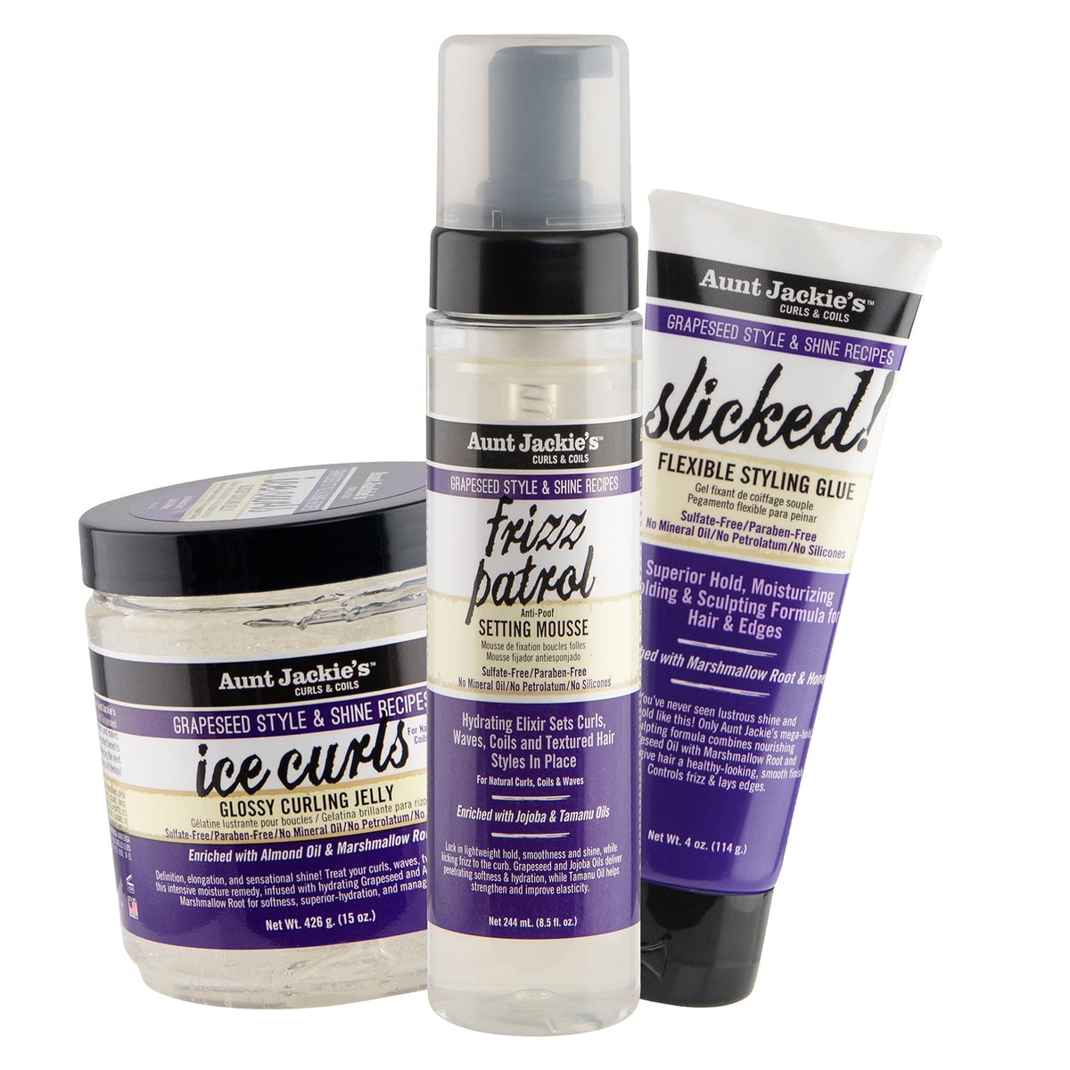 Aunt Jackie's Grapeseed Style & Shine Series: Ice Curls Glossy Curling Jelly, Frizz Patrol Setting Mousse and Slicked! Flexible Styling Glue.