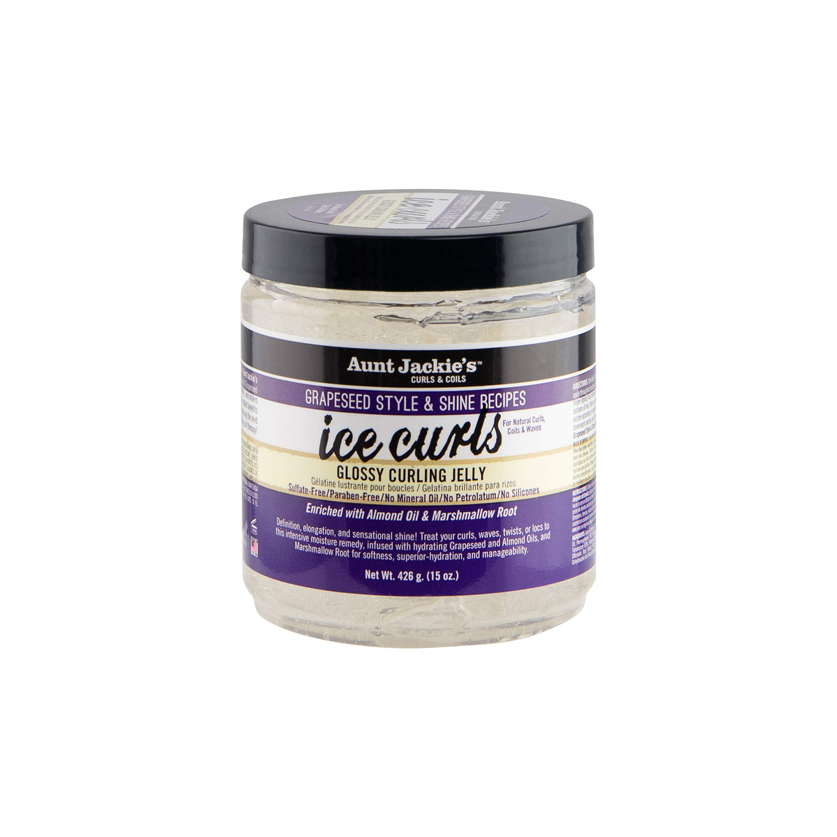 Aunt Jackie's Ice Curls Glossy Curling Jelly, a clear container of styling gel for curls and waves. 