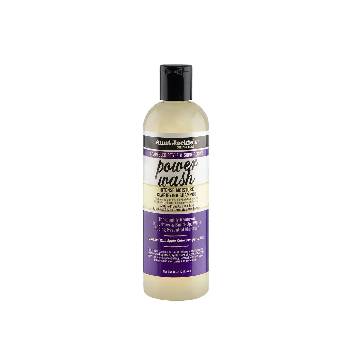 Aunt Jackie's Power Wash Intense Moisture Clarifying Shampoo in a clear bottle with a black cap. 