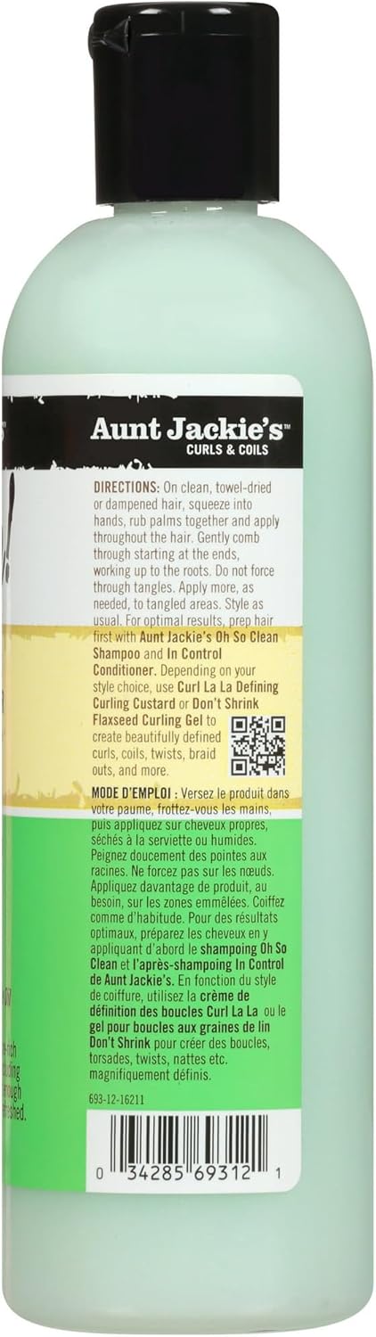 The back of a bottle of Aunt Jackie's Quench Moisture Intensive Leave-In Conditioner with a black cap.