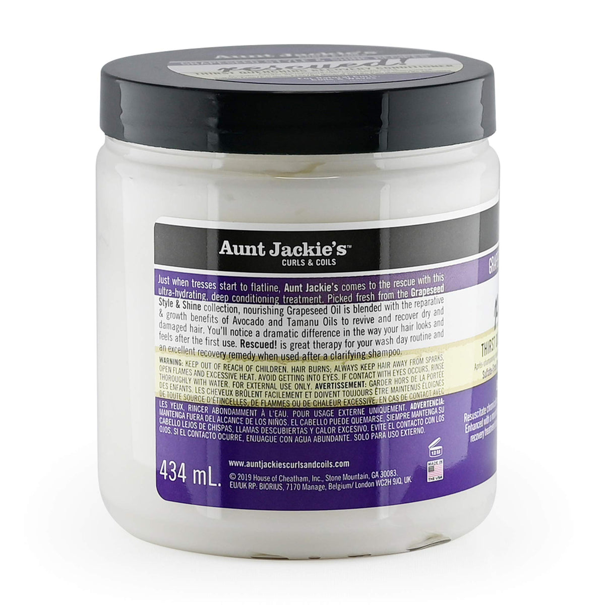 The back of Aunt Jackie's Rescued Thirst Quenching Recovery Conditioner (434ml) with information about the product's benefits and ingredients.