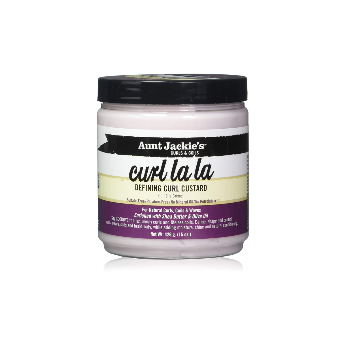 Aunt Jackie's Curl La La Defining Curl Custard in clear bucket with black lid. 