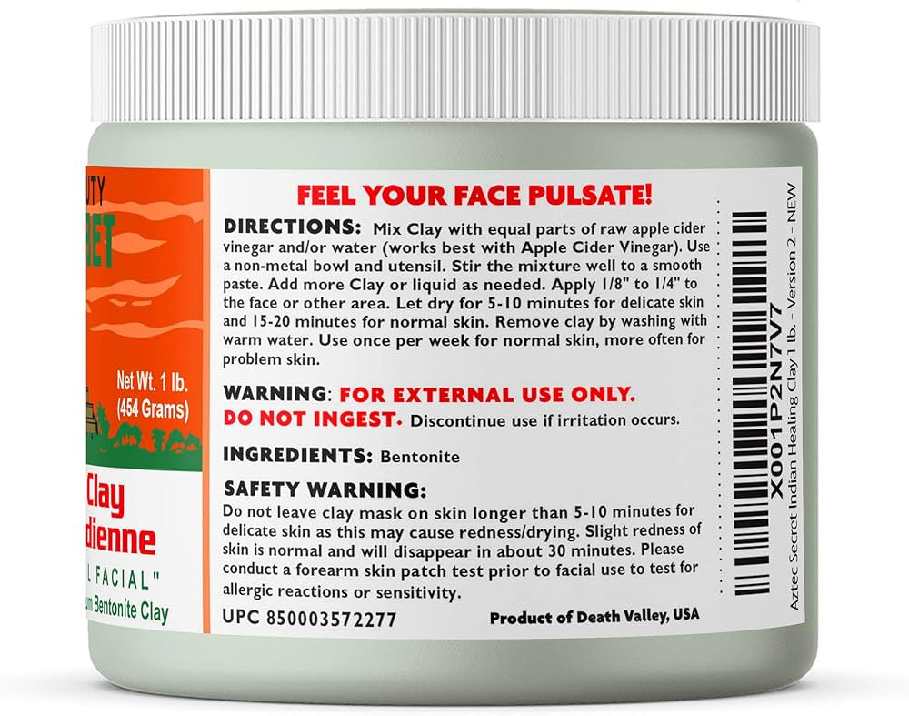 Back of Aztec Secret Indian Healing Clay with usage information.