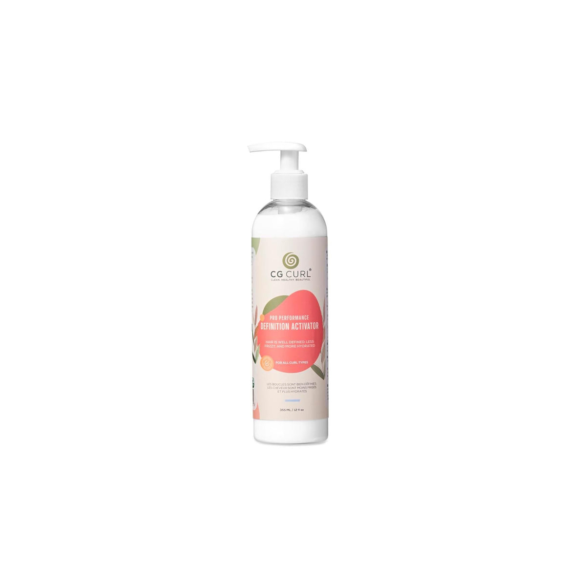 Bottle of CG Curl Pro Performance Definition Activator with white pump.