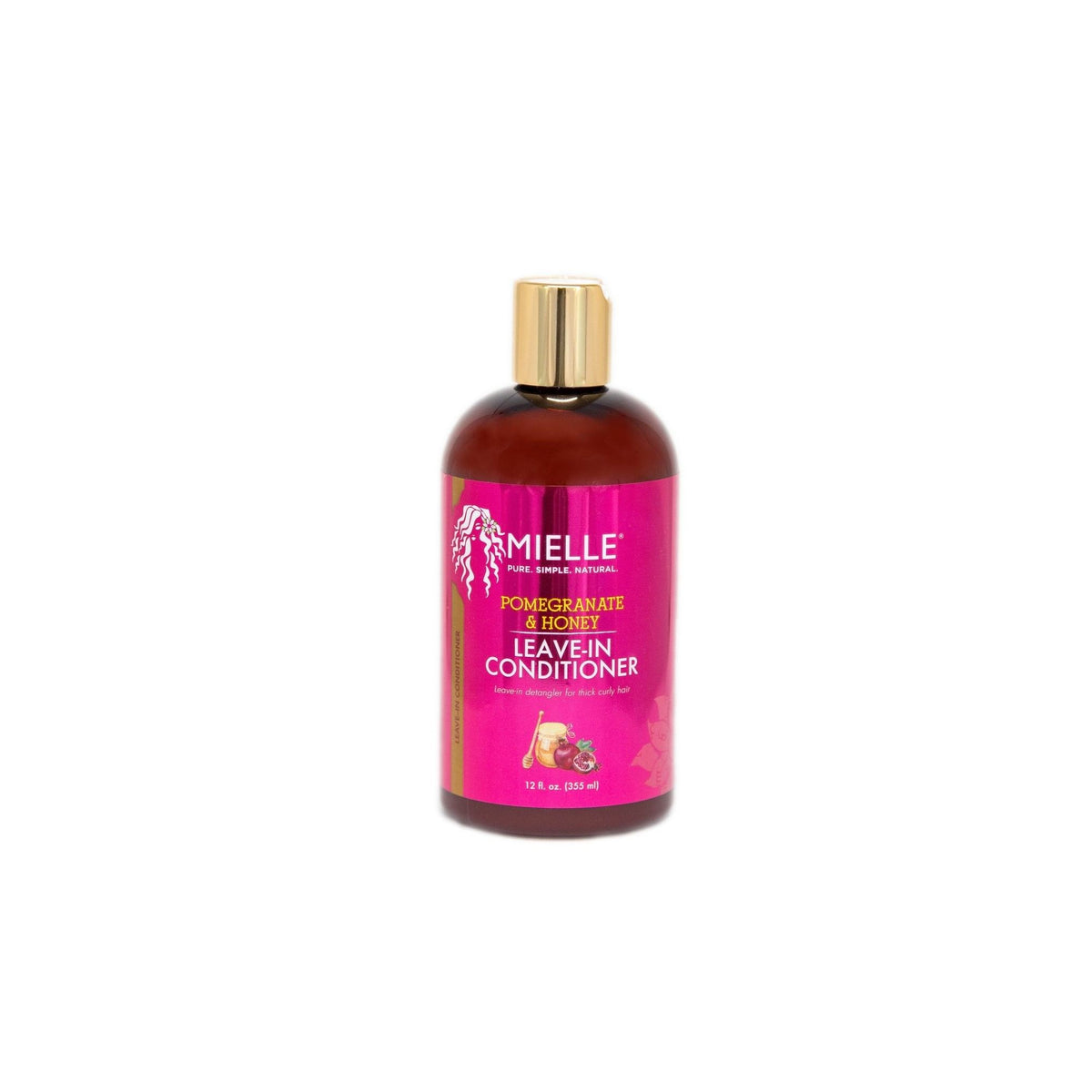 Brown bottle with gold lid of Mielle Pomegranate & Honey Leave-In Conditioner (355 ml) and pink label.