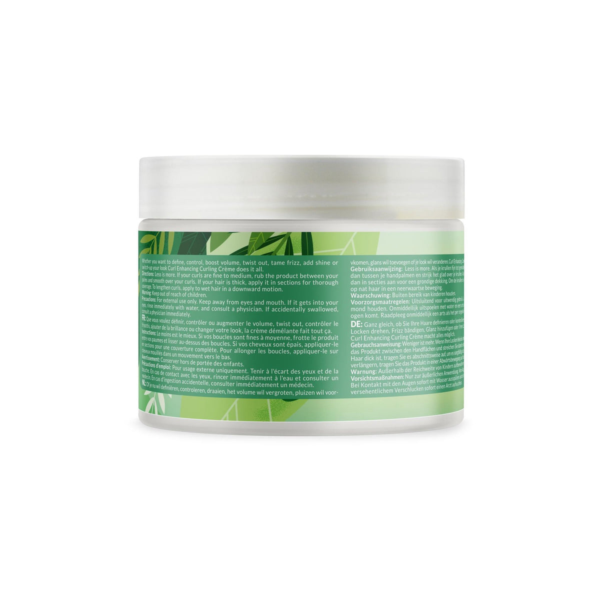 The back of Moistful Curl Curl Enhancing Curling Crème (360g) shows instructions for use, ingredient list and information in several languages ​​(English, Dutch, German and French).
