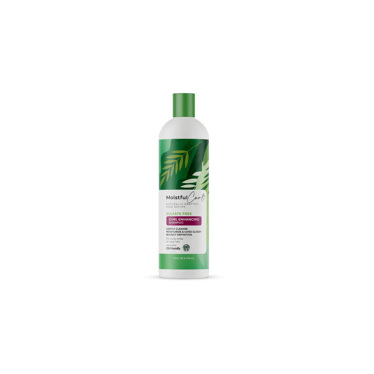 White bottle with green cap and green label with white leaves containing Moistful Curl Sulfate Free Curl Enhancing Shampoo (473ml).