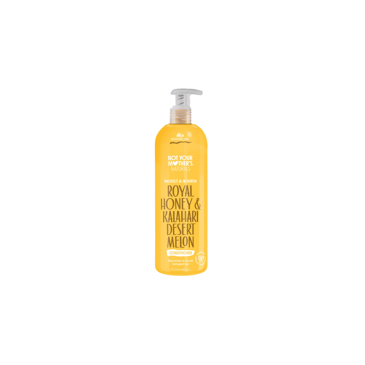 Orange/gold clear pump bottle containing Not Your Mother's Naturals Royal Honey & Kalahari Desert Melon Conditioner.