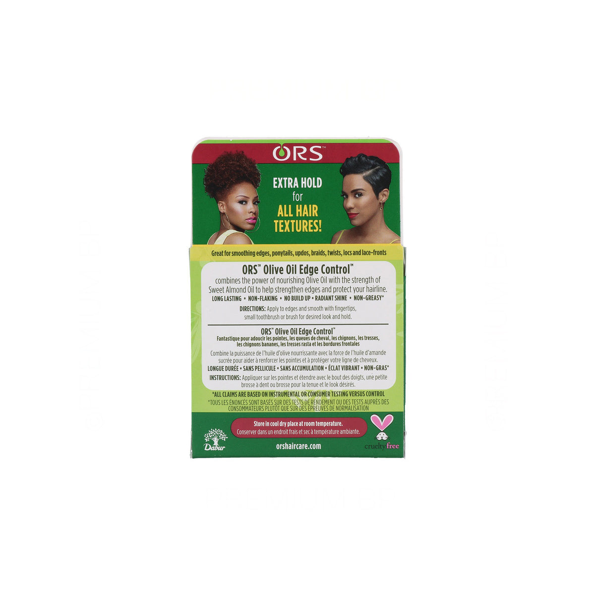 ORS Olive Oil Edge Control (64g) page view: Description of benefits (extra hold, shine, care), instructions for use in English/French and Dabur/Cruelty Free logos.