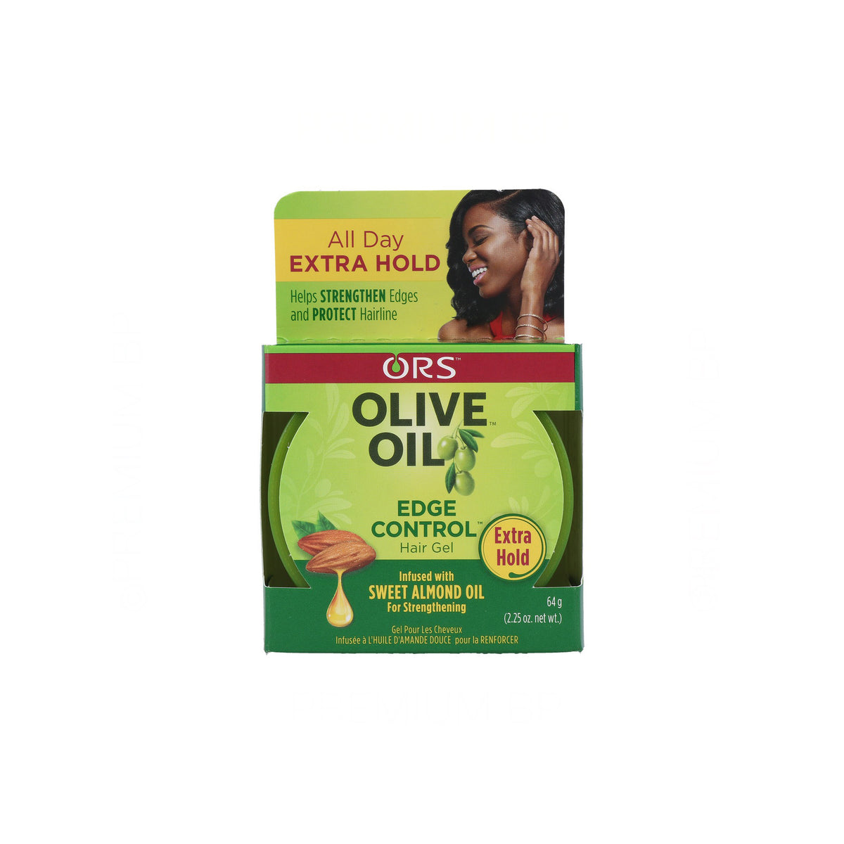 ORS Olive Oil Extra Hold Edge Control hair gel (64g). Extra strong hold to the edges with olive and almond oil.