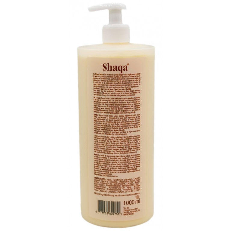 Back of Shaqa Shah Cocoa Butter Hand & Body Lotion, 1000ml. The bottle contains information about the product, including ingredients and use.