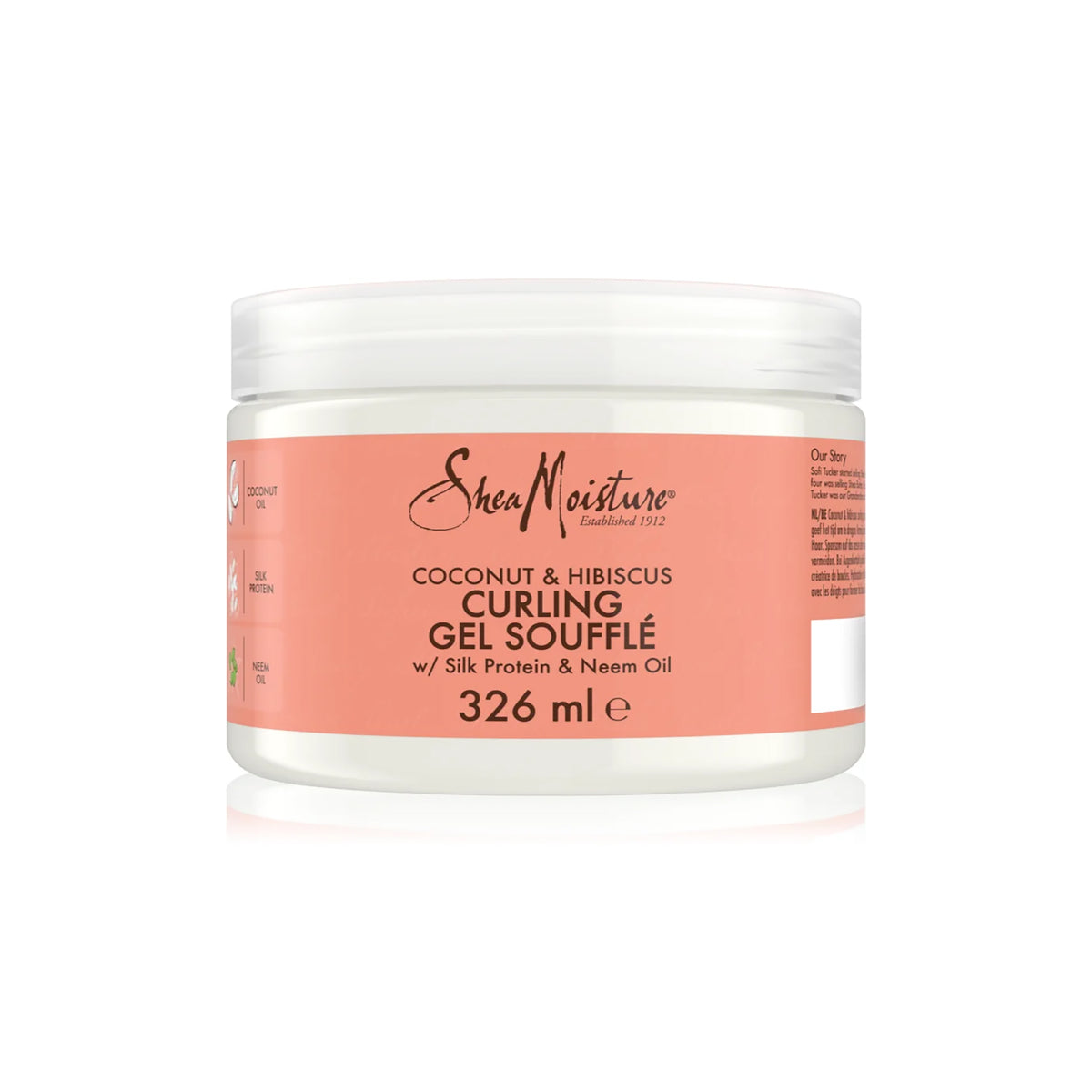 White plastic container with white lid containing Shea Moisture Coconut & Hibiscus Curling Gel Soufflé (326 ml). The label is beige/pink with black and red text.