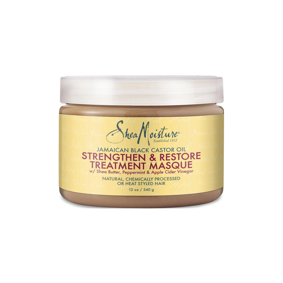 Beige/light brown container with white lid containing Shea Moisture Jamaican Black Castor Oil Strengthen & Restore Treatment Masque (340g). The label is beige/yellow with black and red text.